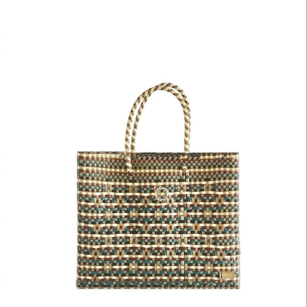 NEW LOLA'S BAG women's medium woven shoulder strap tote bag in green/gold